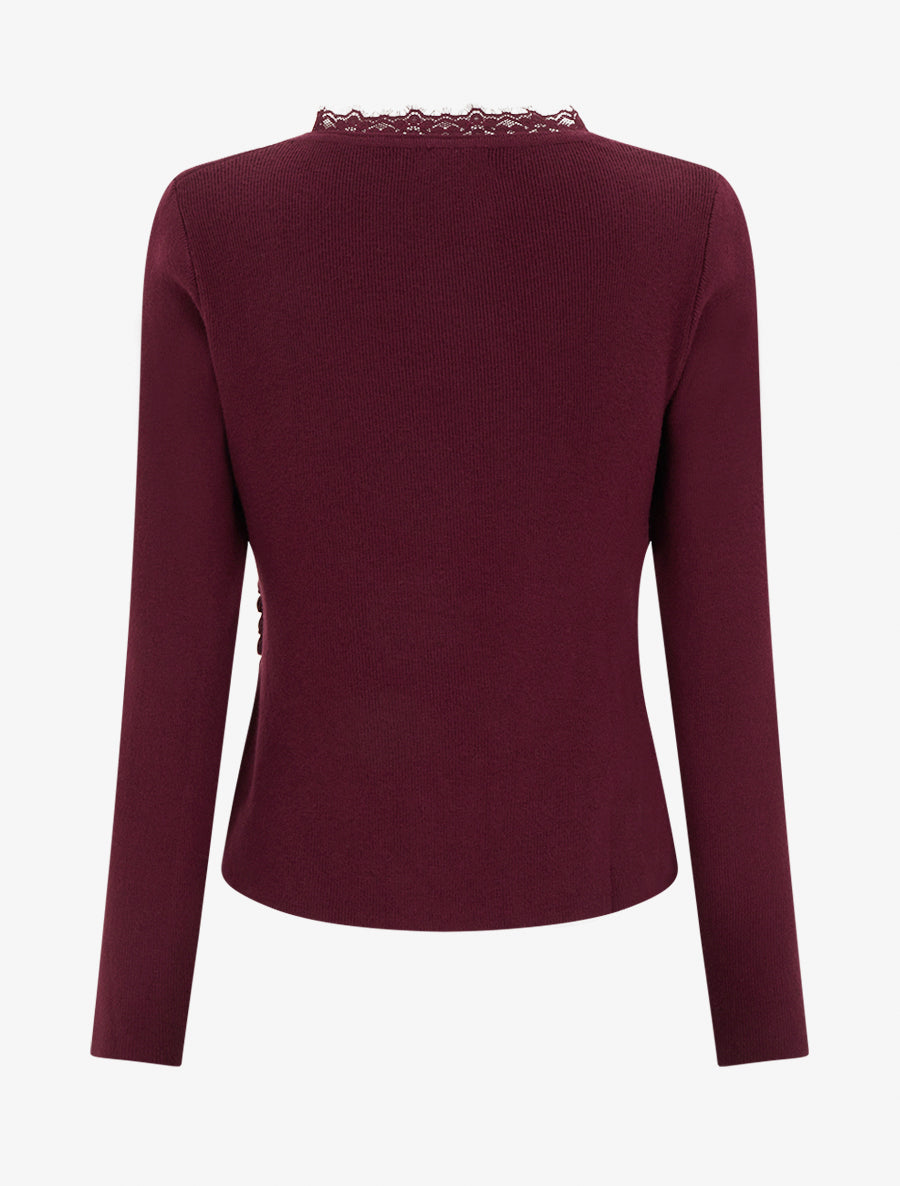 Pull côtelé asymétrique à détail dentelle - Lie de vin - 2