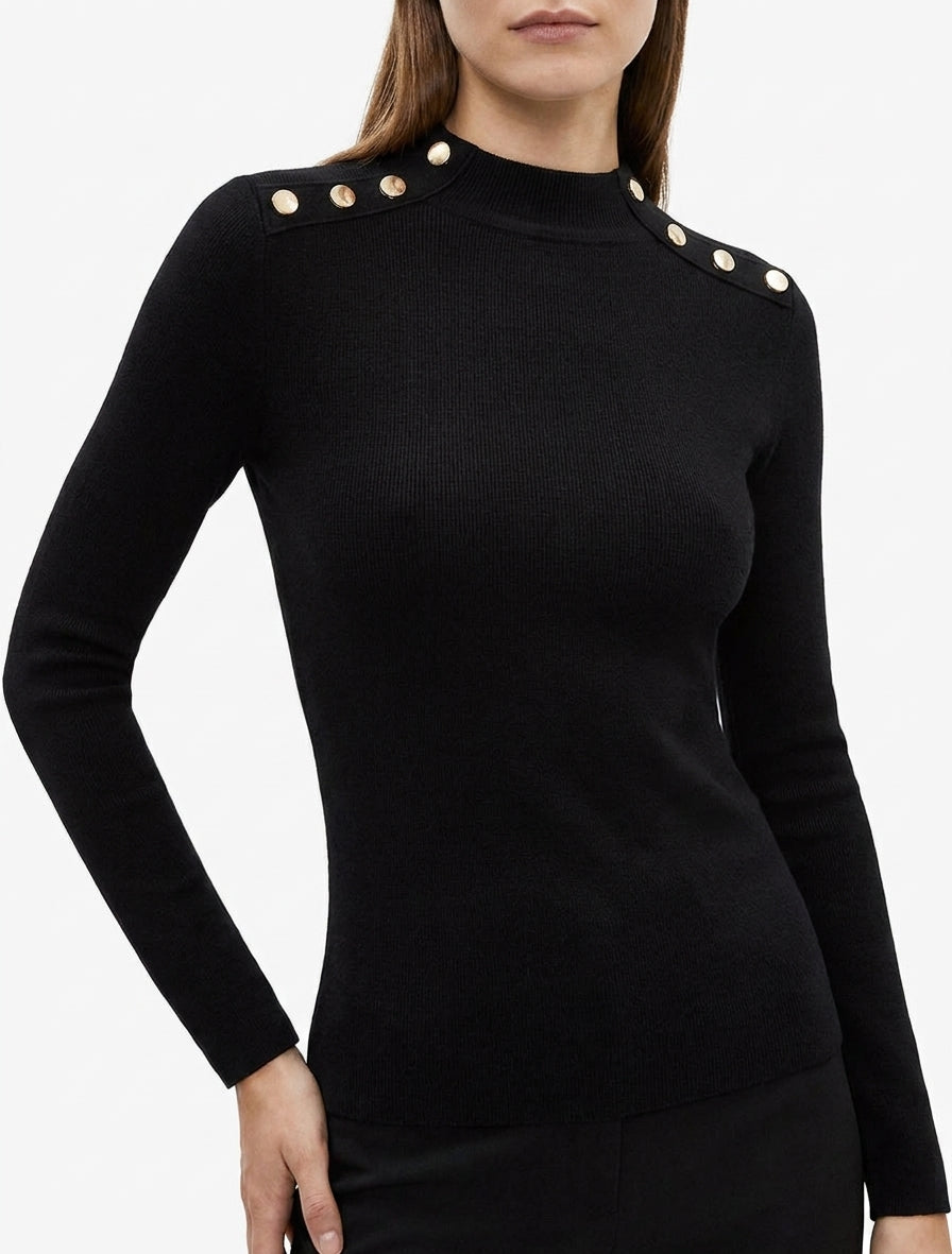 Jersey fino ajustado con cuello alto y botones decorativos. - Negro