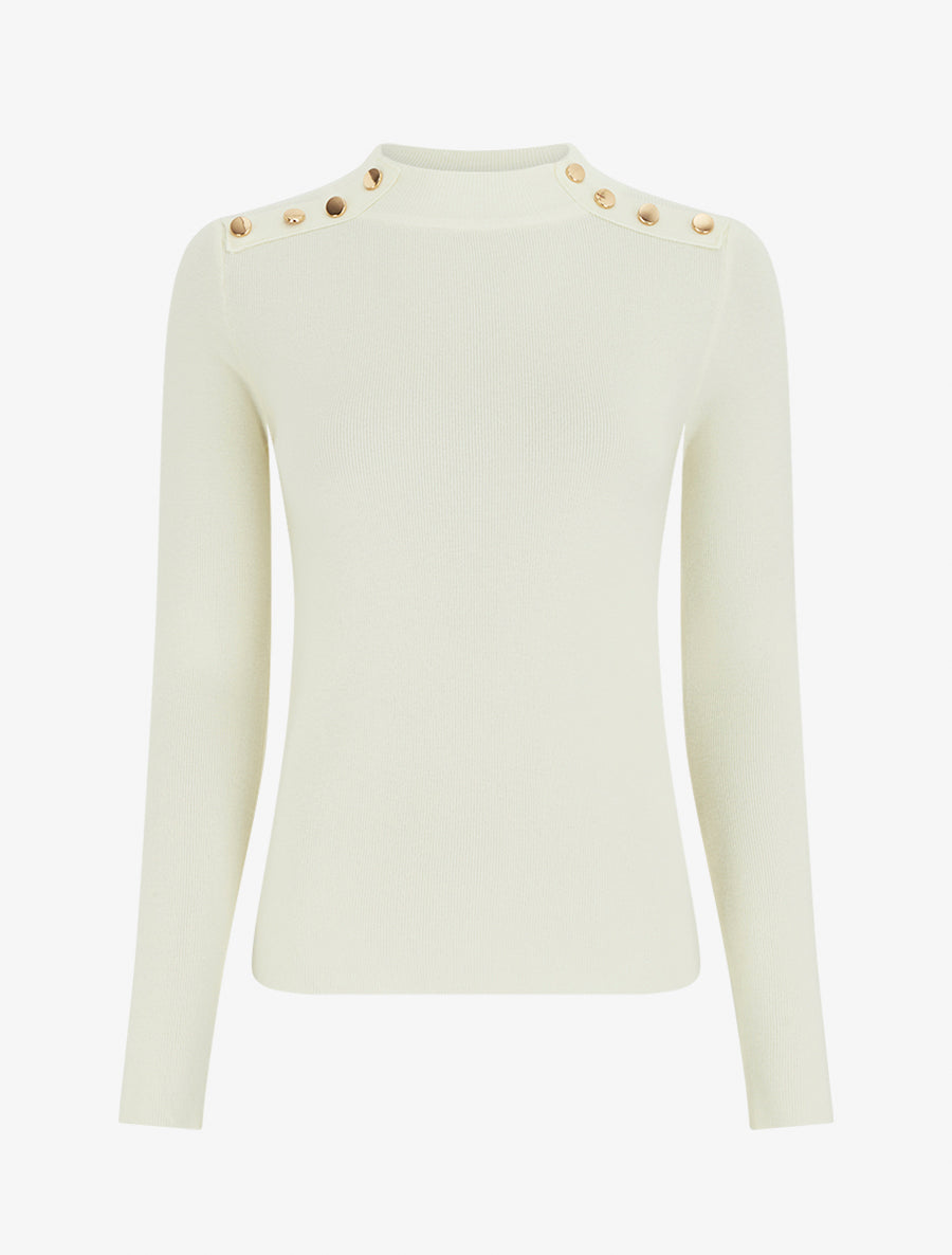 Pull fin ajusté à col montant et boutons décoratifs - Crème - 1