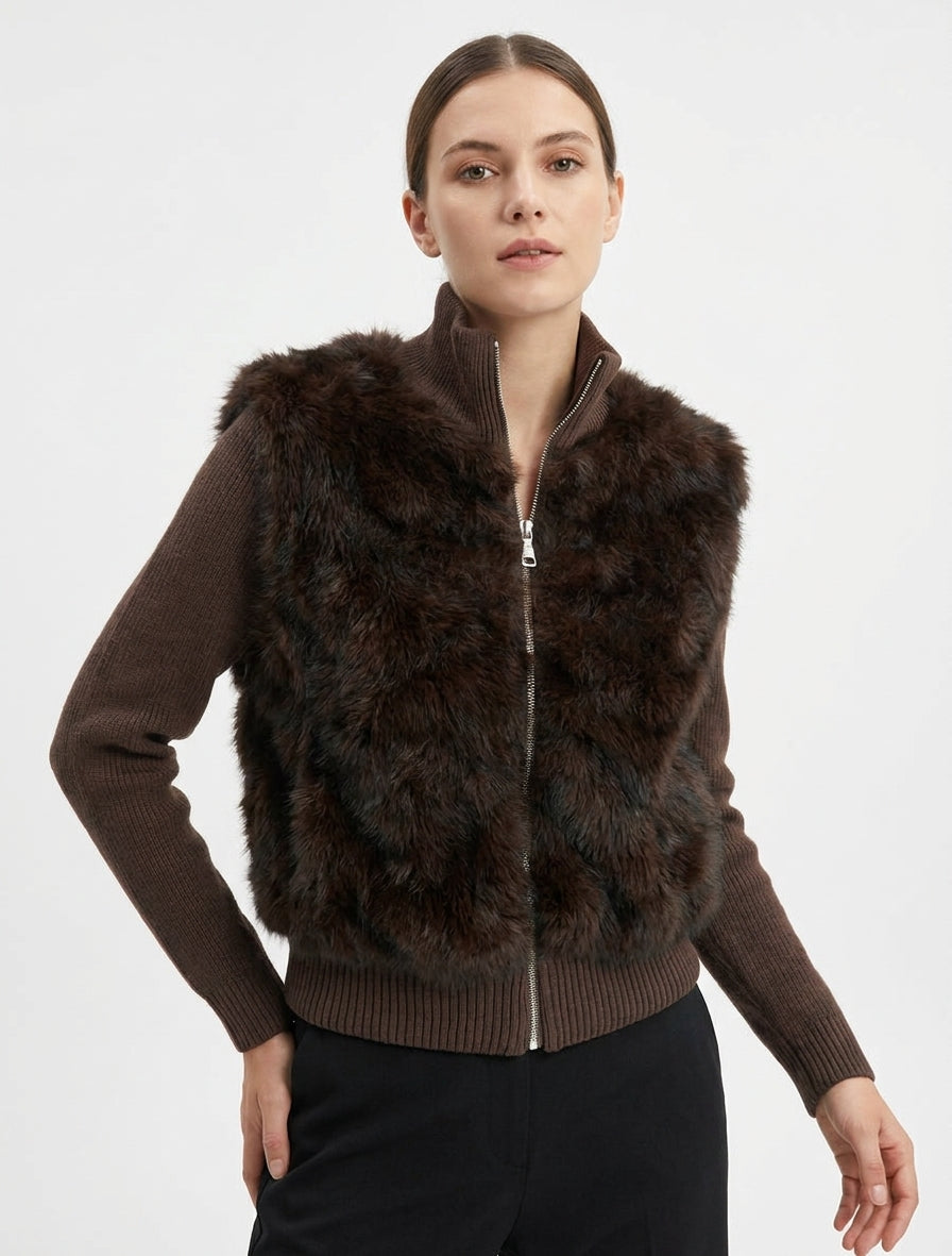 Chaqueta acanalada con aplique de piel sintética - Marrón
