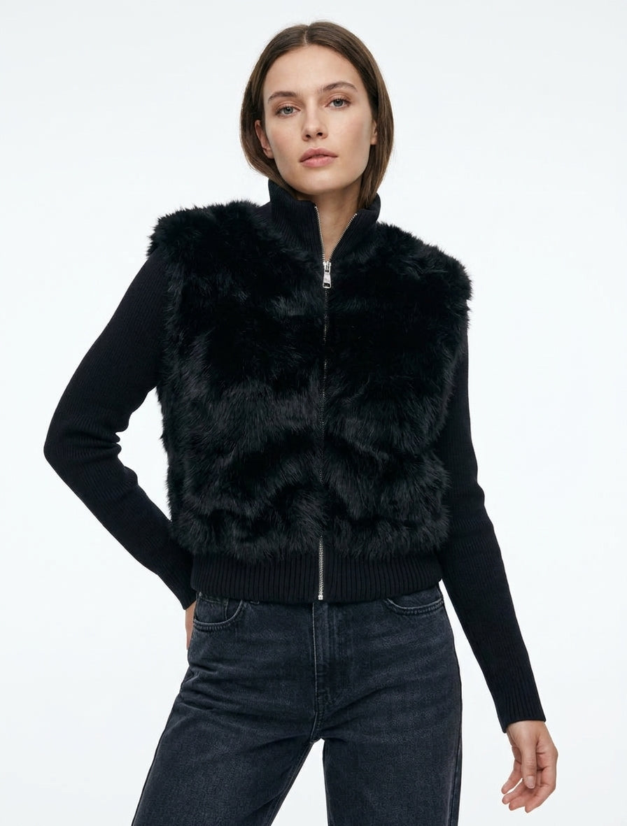 Chaqueta acanalada con pieza de piel sintética - Negro