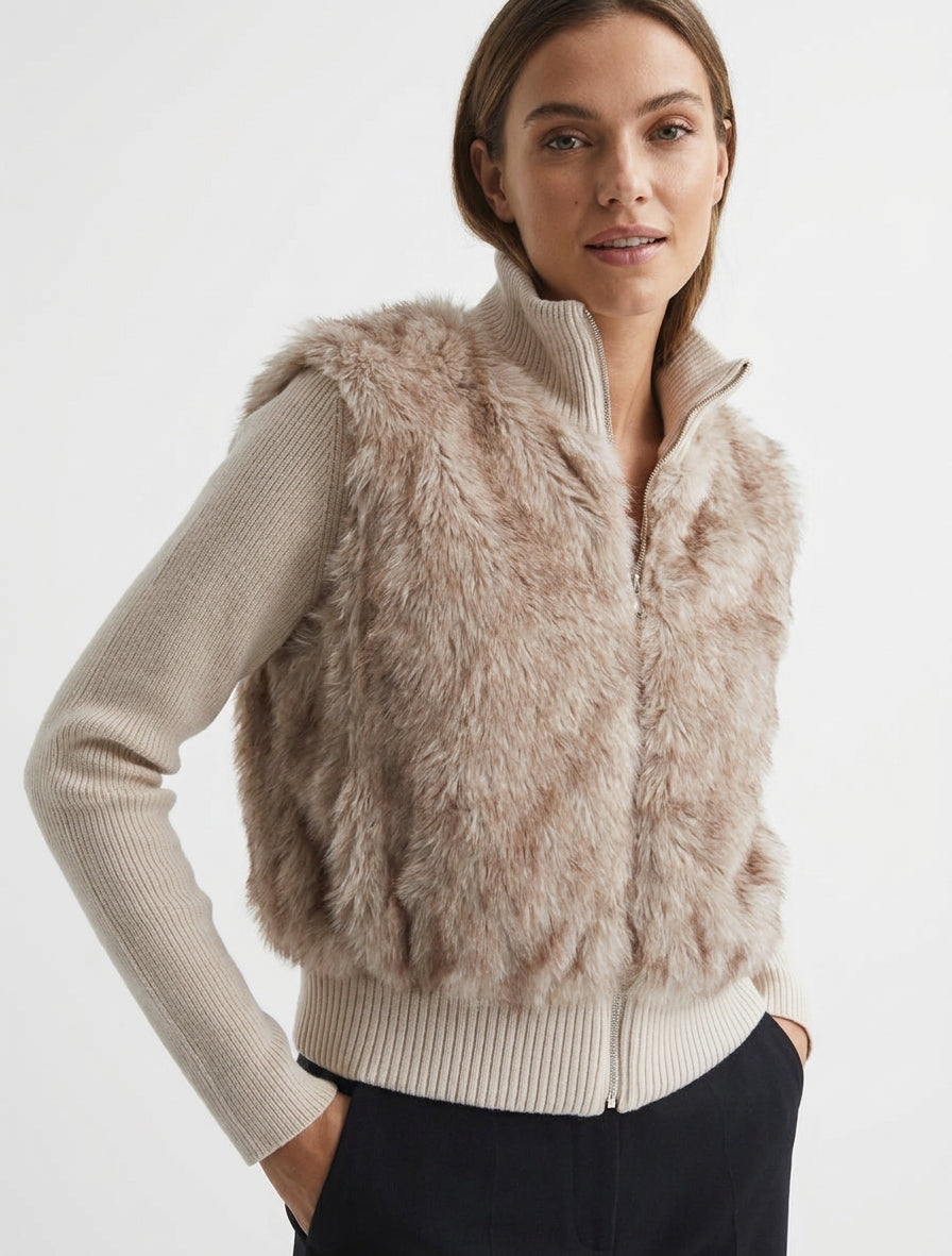 Chaqueta acanalada con panel de piel sintética - Beis