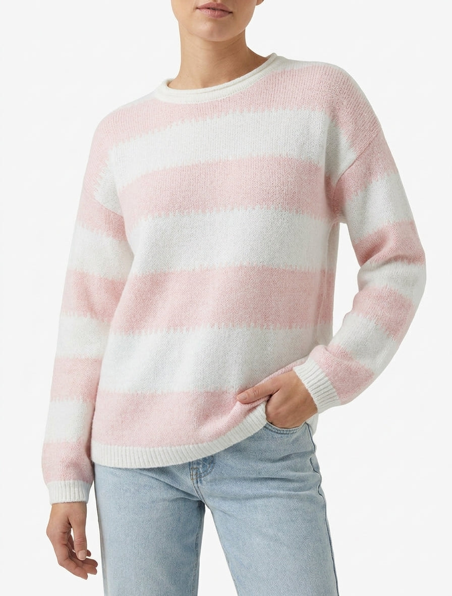 Jersey recto con cuello redondo y rayas estilizadas. - Rosa
