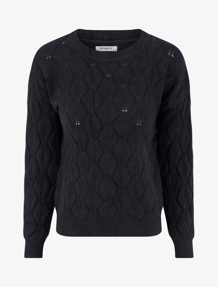 Pull droit en maille texturée à col rond - Noir - 1