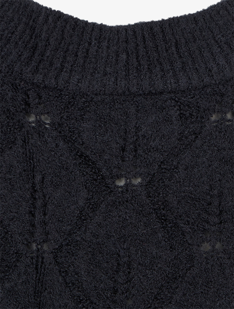 Pull droit en maille texturée à col rond - Noir - 3