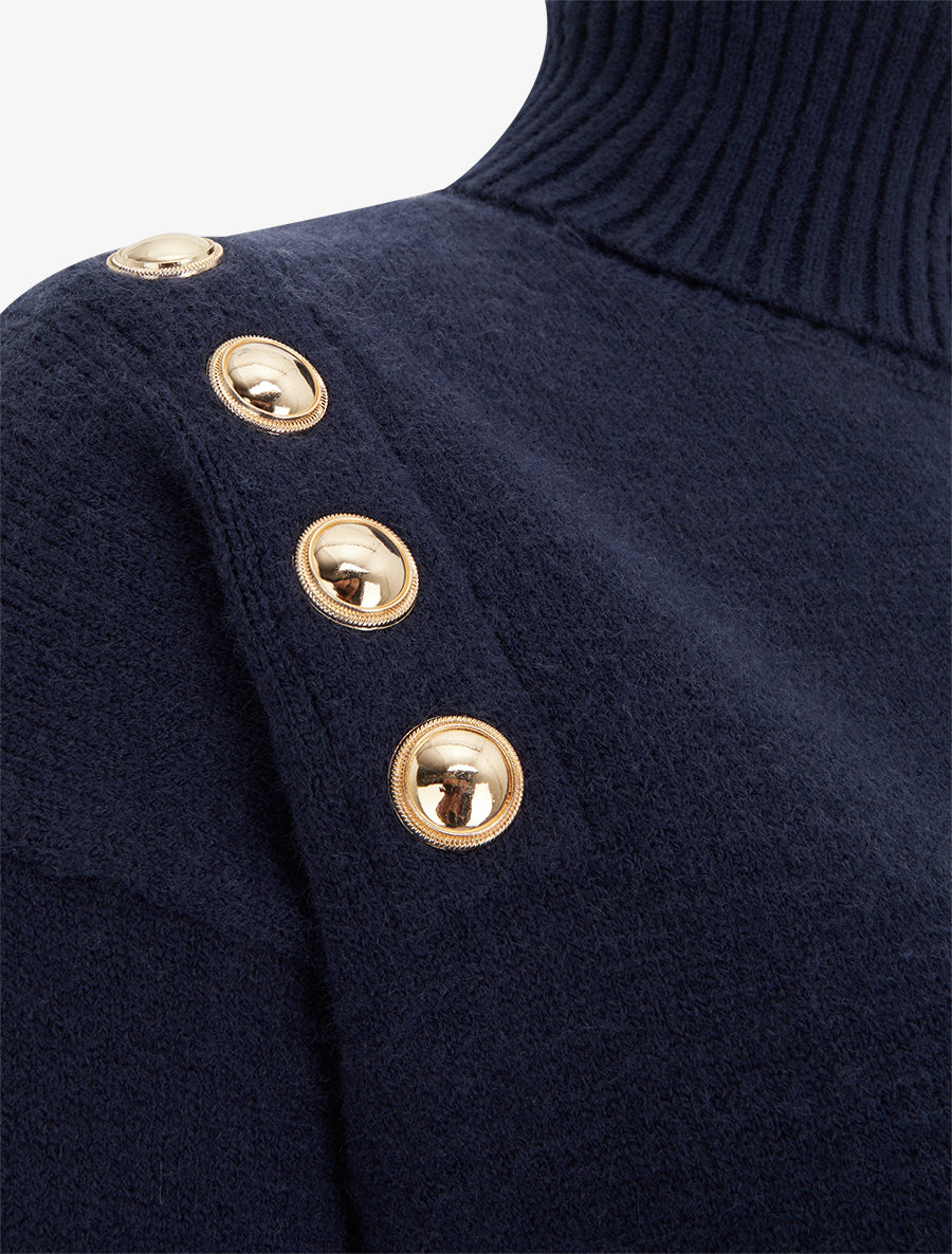 Pull droit à col roulé et boutons décoratifs - Marine - 3