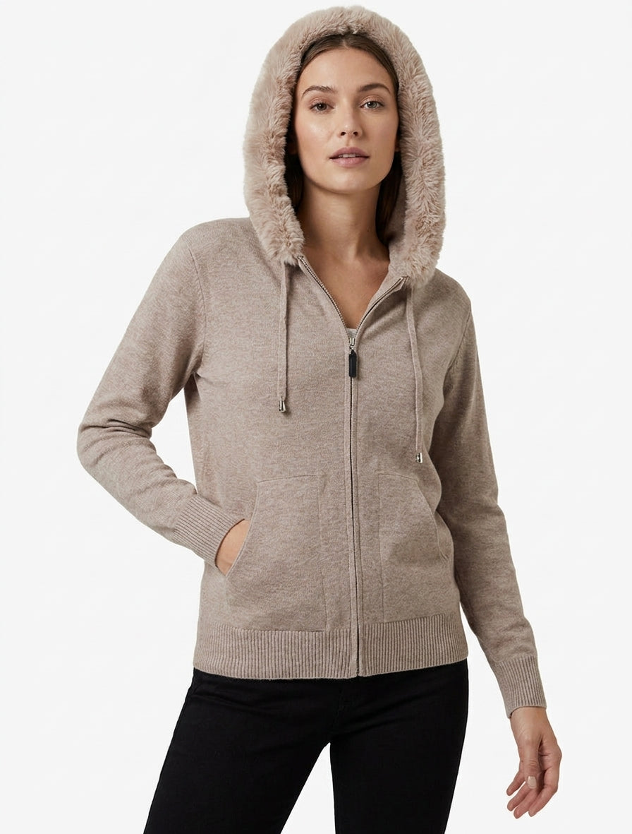 Sudadera fina con capucha de piel y cremallera - Topo