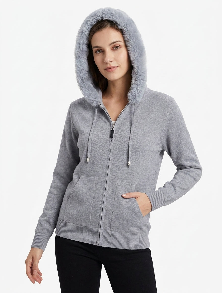 Sudadera fina con capucha de piel y cremallera - Gris