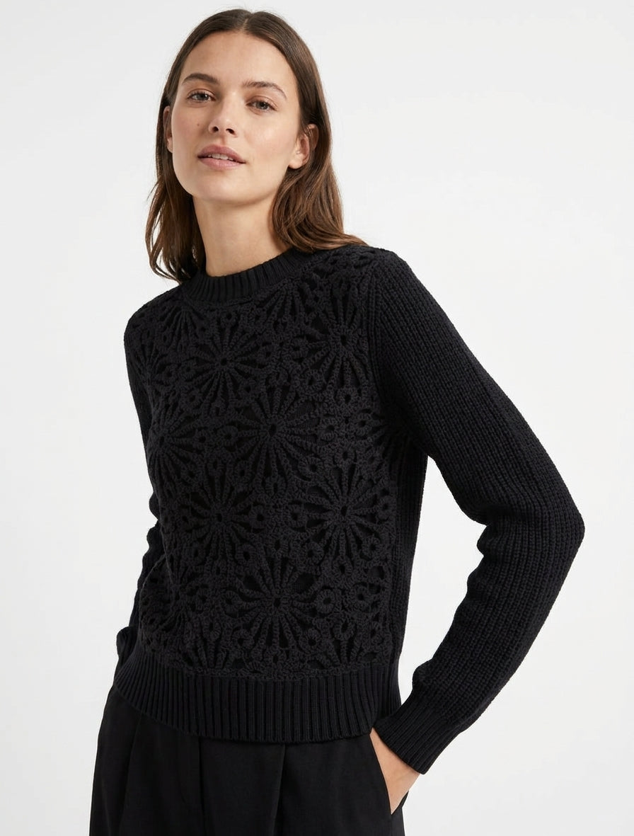 Suéter de algodón con macramé de estilo floral - Negro