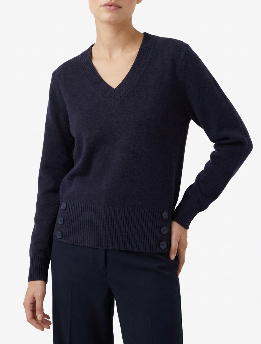 Jersey recto con cuello en V y botones decorativos. - Azul noche