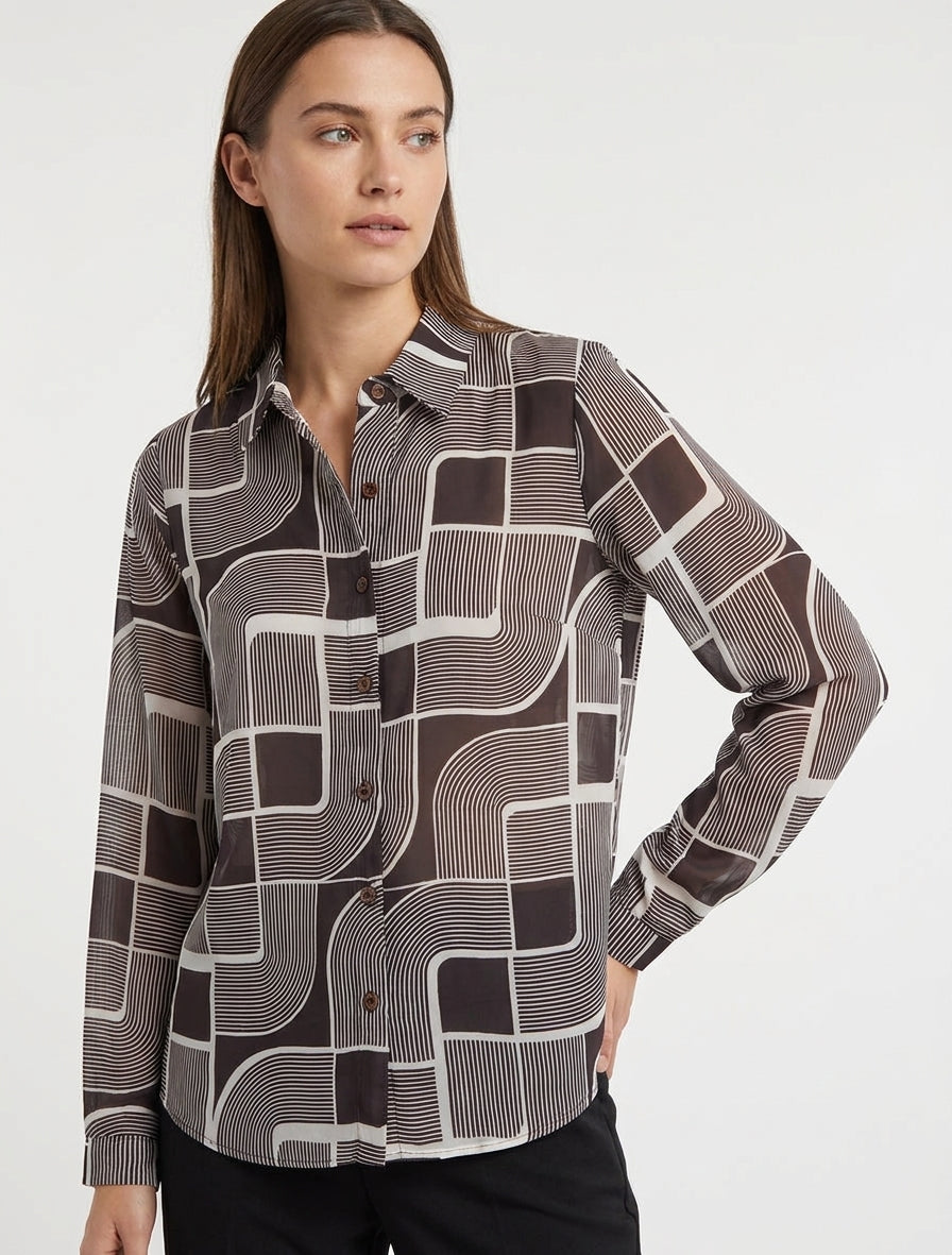 Camisa fluida transparente con estampado gráfico - Chocolate
