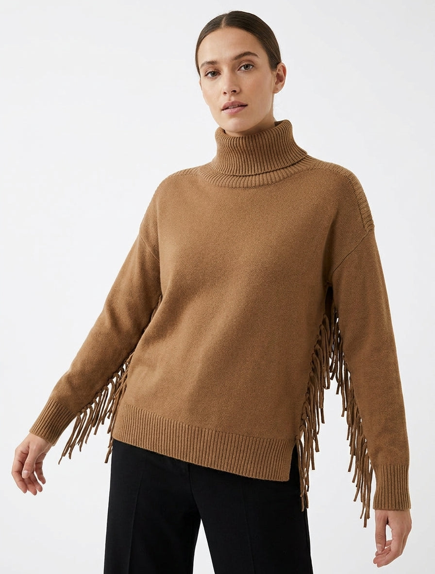 Suéter liso con flecos y cuello alto - Camello