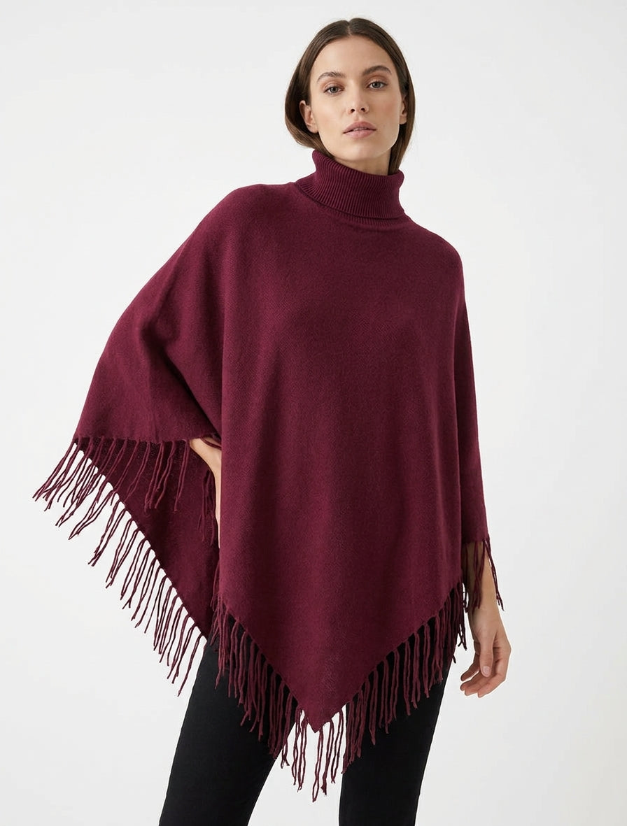 Poncho oversize con flecos - Color vino