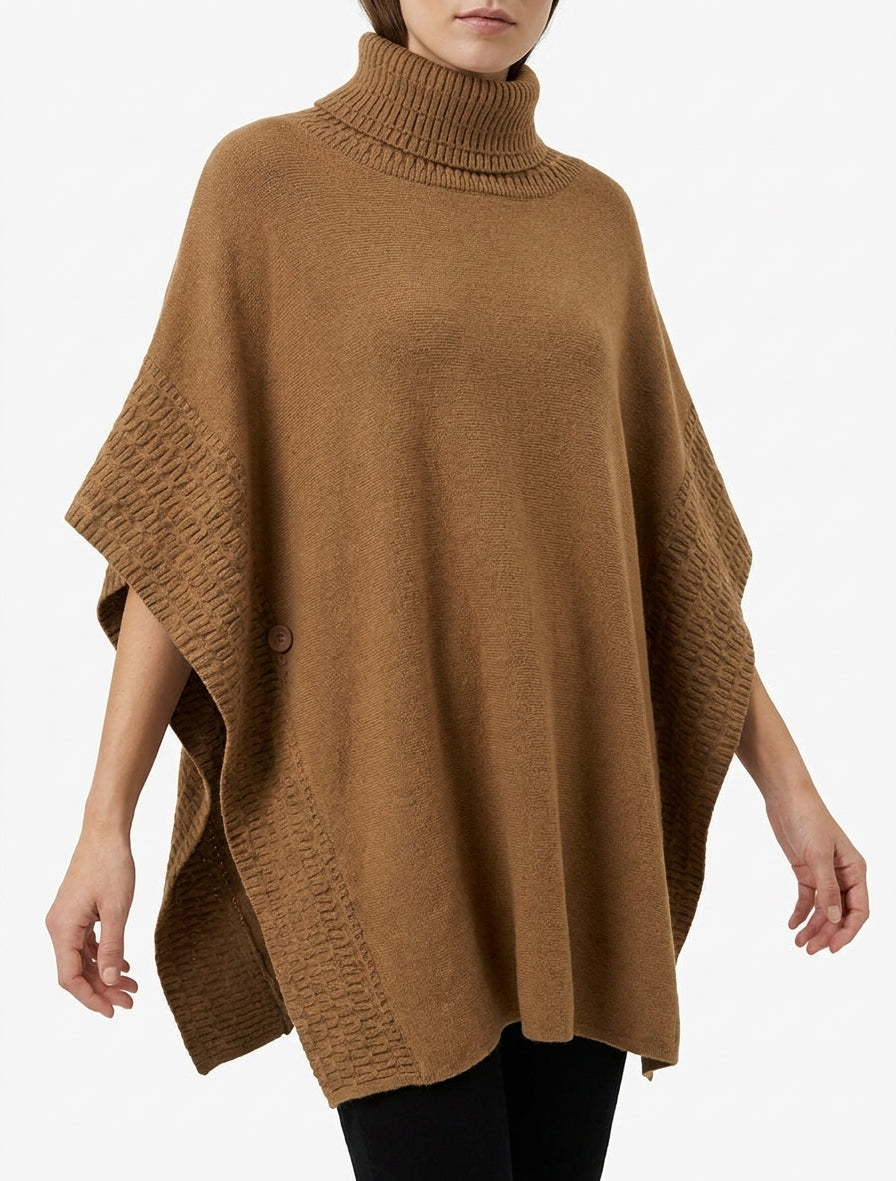 Poncho amplio de cuello alto en punto fantasía - Camello