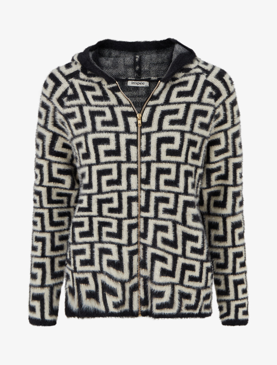 Sweat à capuche en maille duveteuse imprimé graphique - Noir - 1