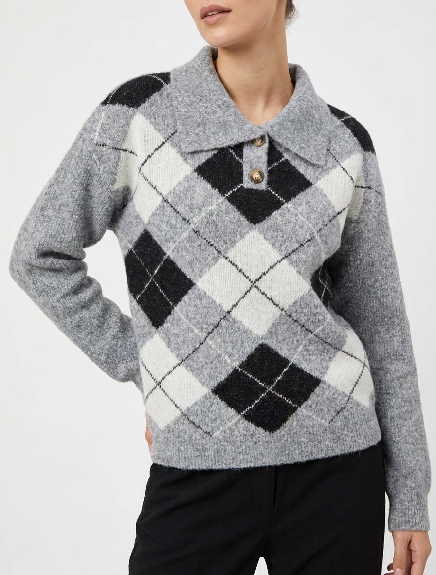 Jersey estampado a cuadros con cuello alto - Gris