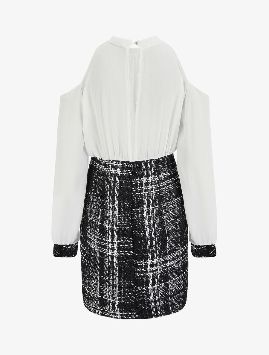 Robe bi-matière à épaules dénudées - Blanc - 2