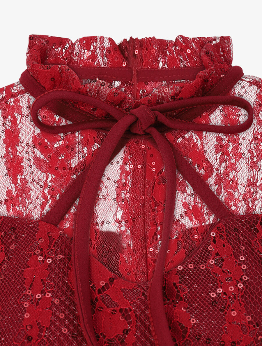 Robe à col montant et buste en dentelle et sequins - Bordeaux - 3