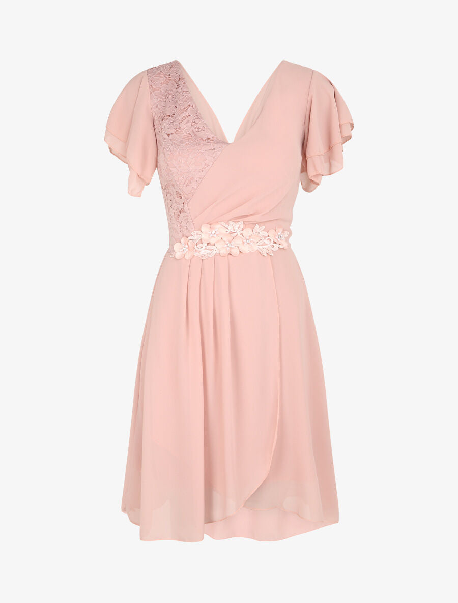 Robe à manches volantées et détail fleurs et strass - Rose poudré - 4