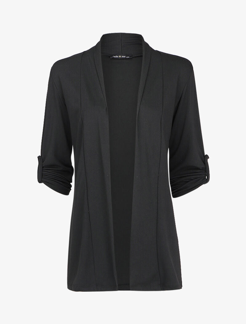 Gilet ouvert à encolure droite et manches 3/4 rabattables - Noir - 1