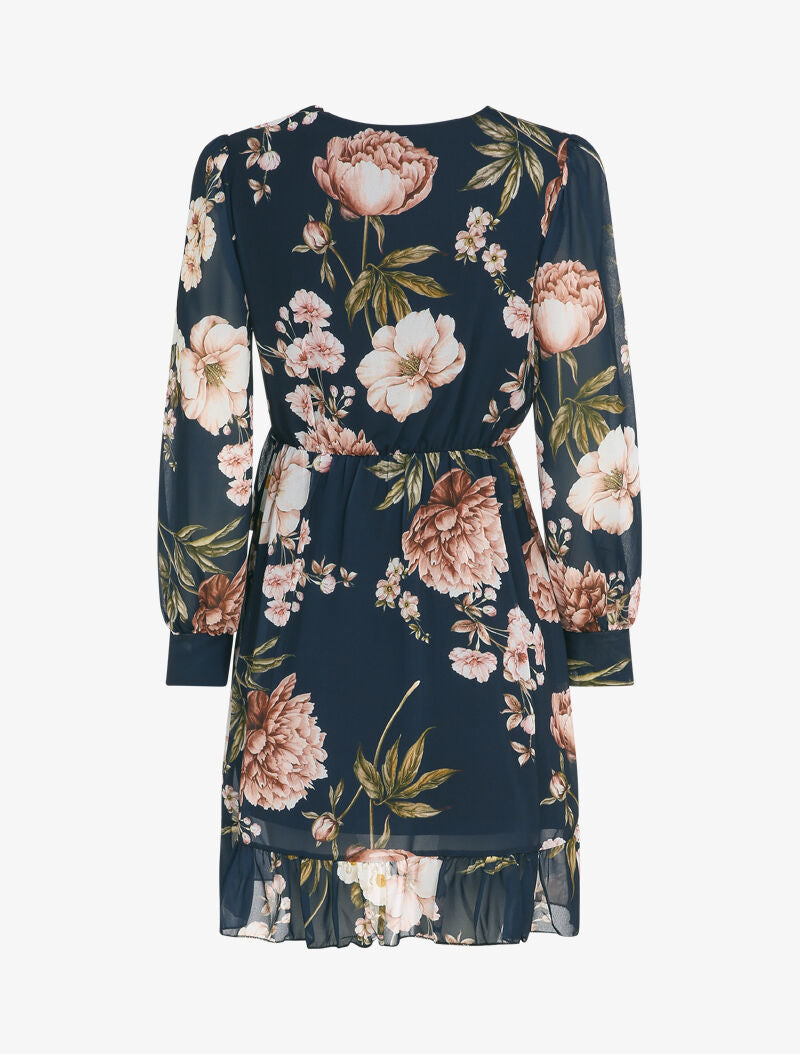 Robe portefeuille volantée à imprimé pivoines - Marine - 2