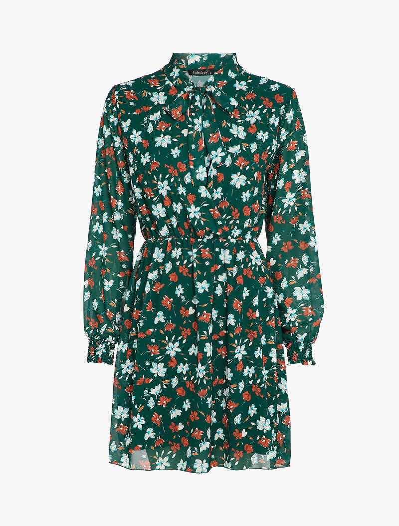 Robe imprimé fleur de lys à col lavallière - Vert émeraude - 4