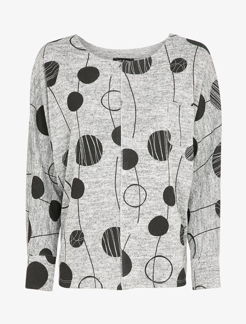 Pull imprimé ronds stylisés à manches raglan et poche - Gris chiné - 1
