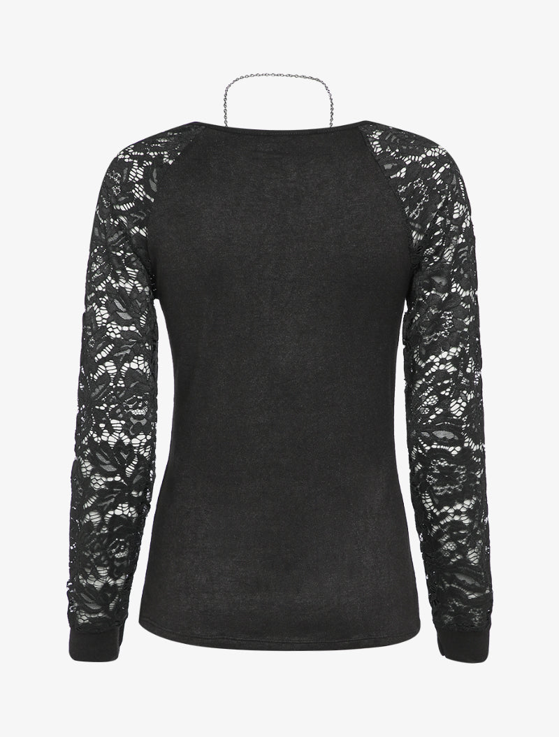 Pull à manches raglan en dentelle - Noir - 2