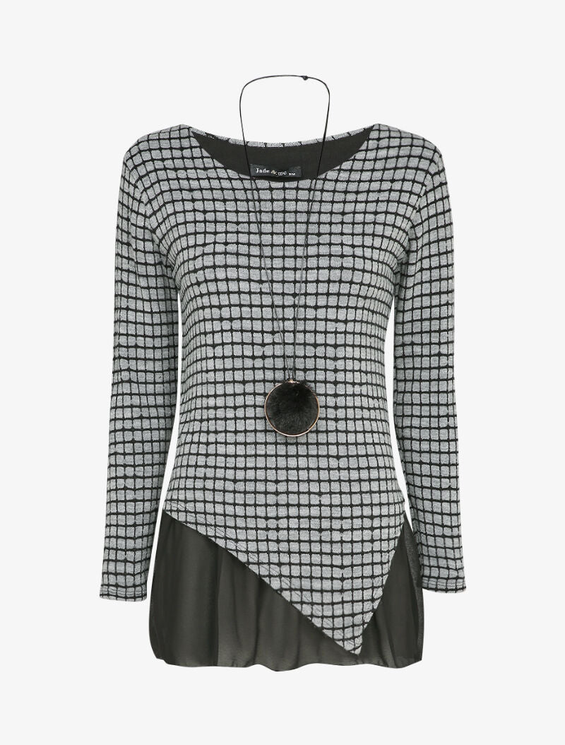 Pull à carreaux et bords asymétriques à détail voile - Gris clair - 1