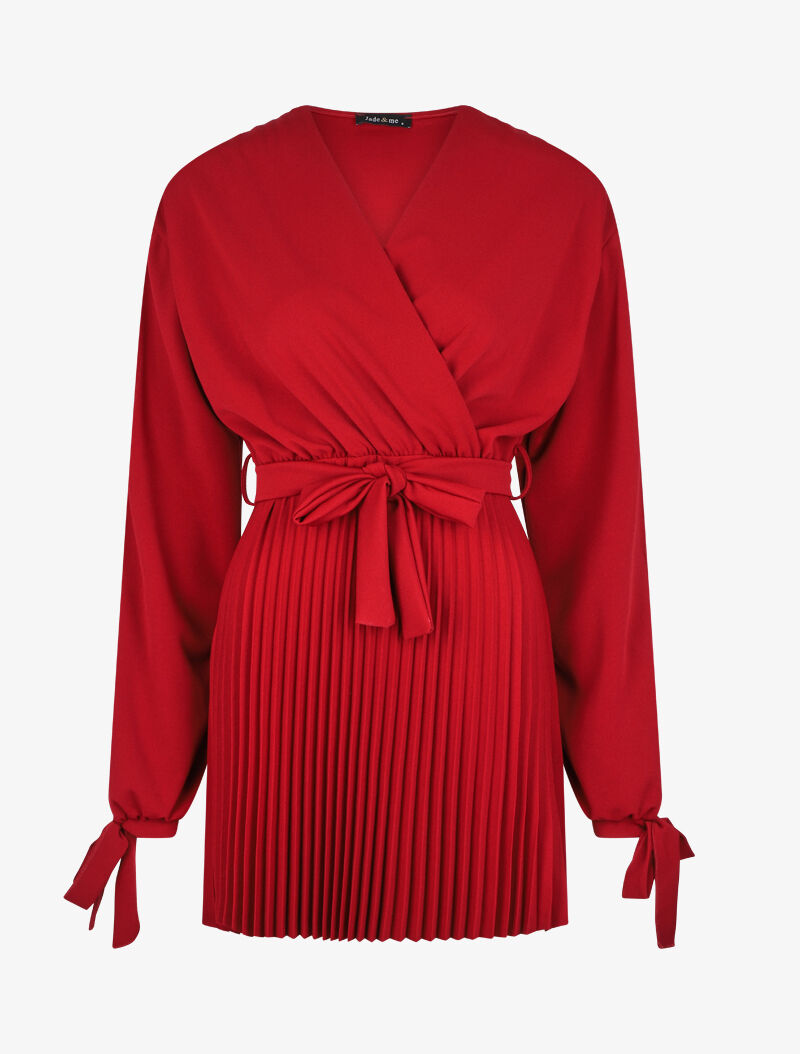 Robe plissée à col cache-coeur et poignets à nouer - Bordeaux - 1