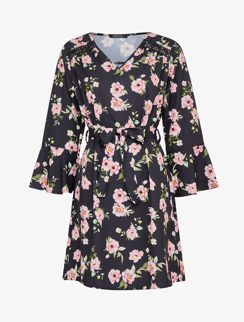 Robe imprimé roses à manches trompettes volantées - Noir - 1