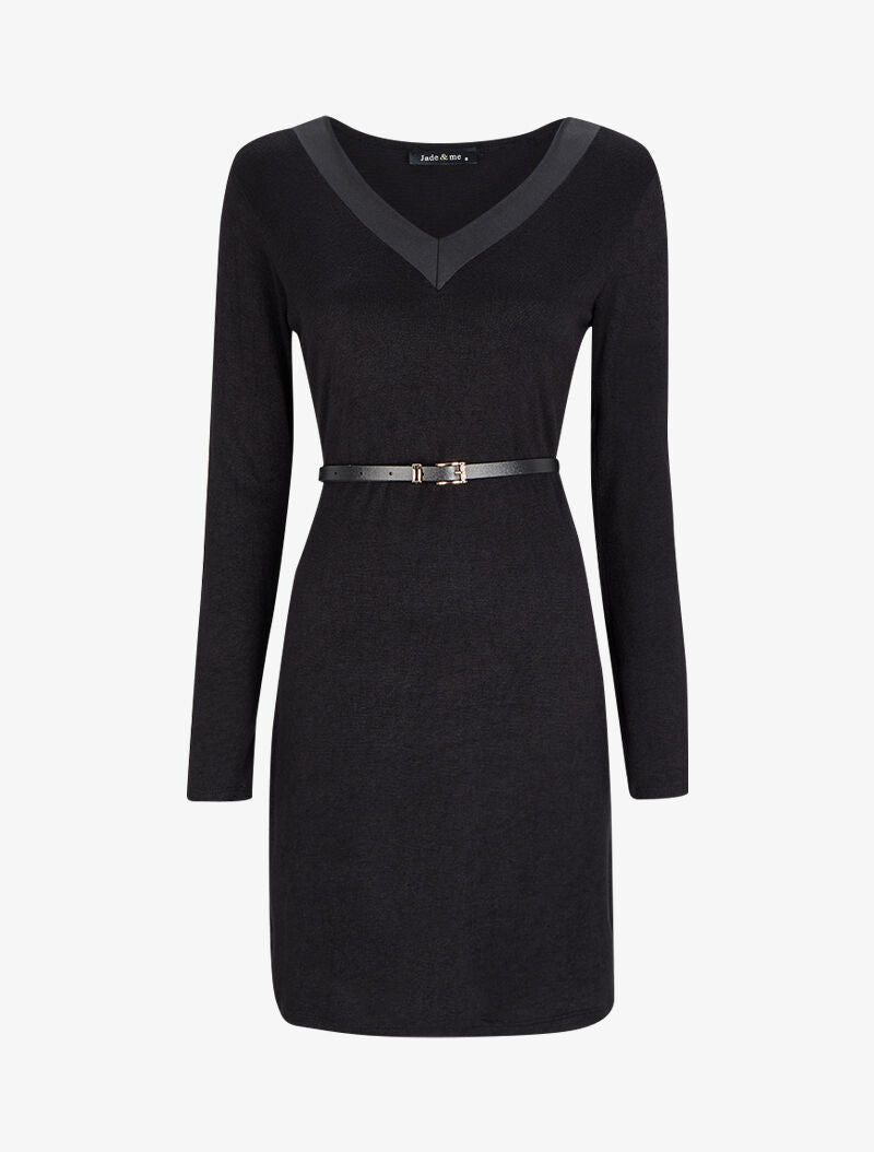 Robe pull à col V satiné - Noir - 1