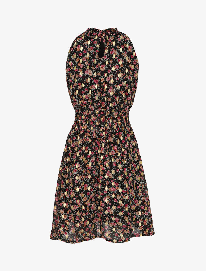 Robe mi-longue col lavallière à imprimé fleuri - Noir - 2