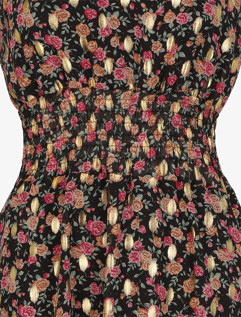 Robe mi-longue col lavallière à imprimé fleuri - Noir - 3