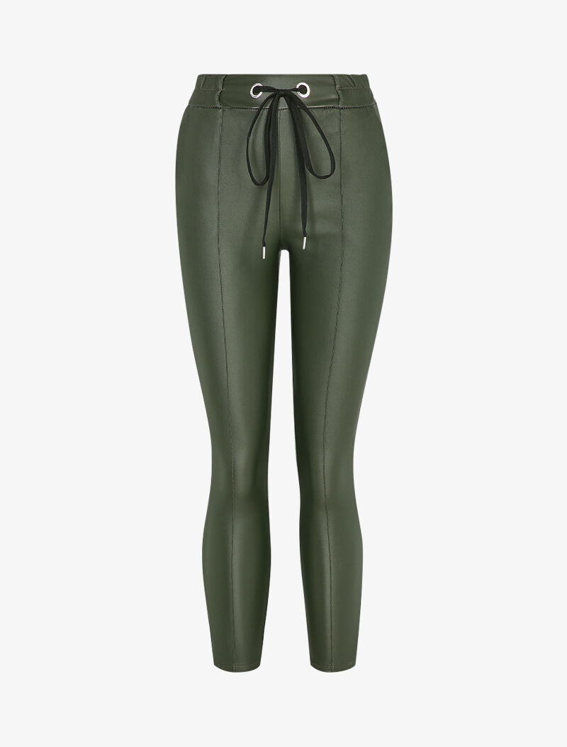 Pantalon ciré coupe slim à coutures contrastantes - Kaki - 1