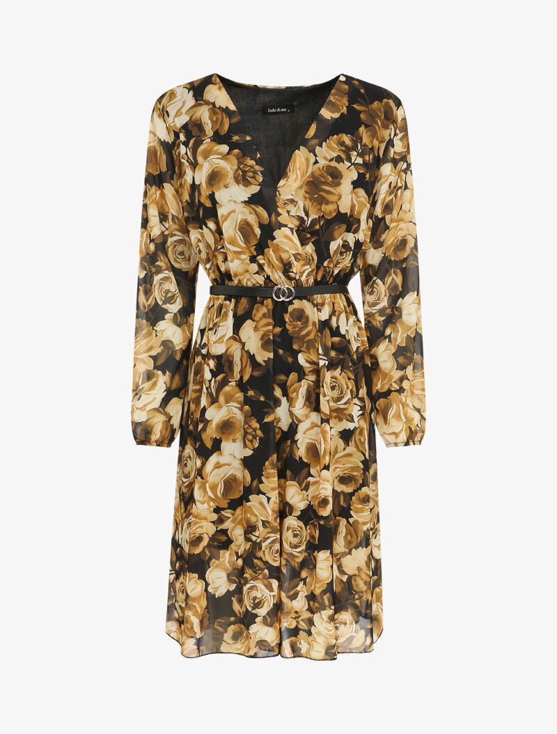 Robe patineuse mi-longue à imprimé roses - Moutarde - 4