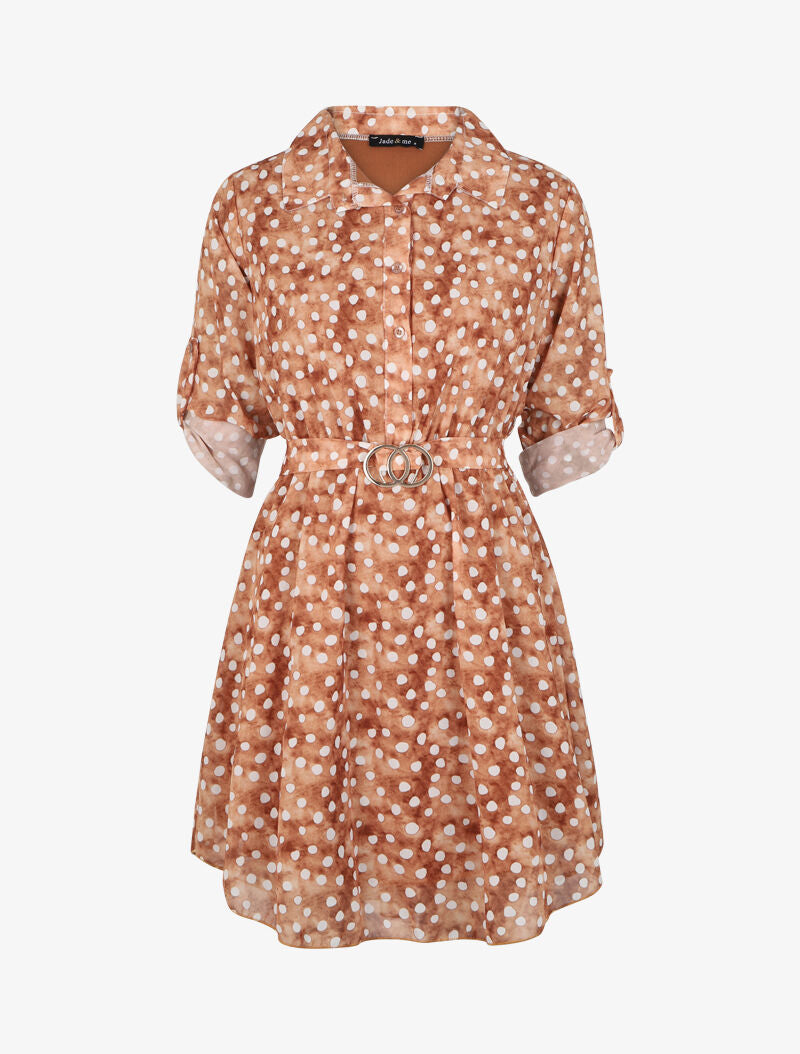 Robe patineuse à pois et ceinture à boucle dorée - Camel - 1