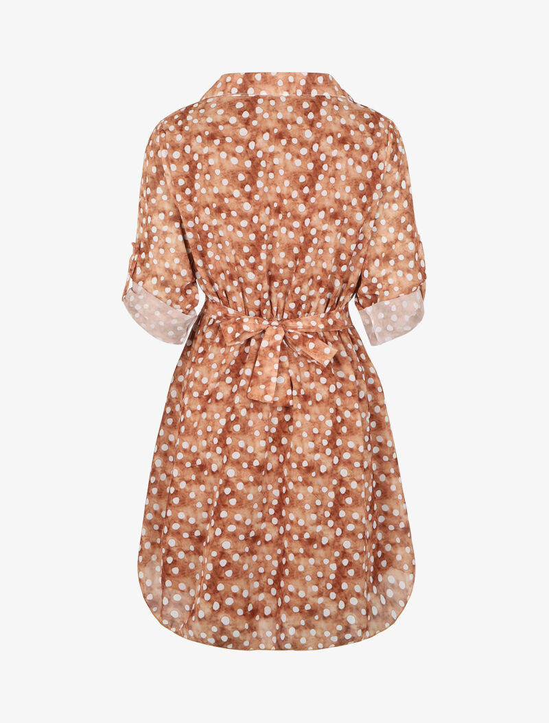 Robe patineuse à pois et ceinture à boucle dorée - Camel - 2