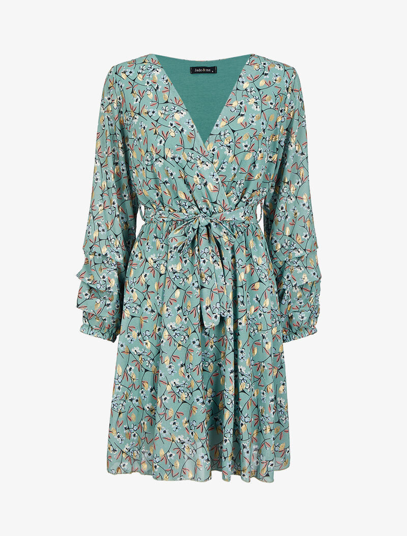Robe patineuse imprimé fleurs de cerisier lamé à manches plissées - Vert d&