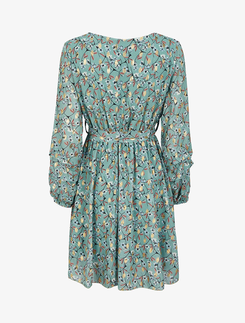 Robe patineuse imprimé fleurs de cerisier lamé à manches plissées - Vert d&