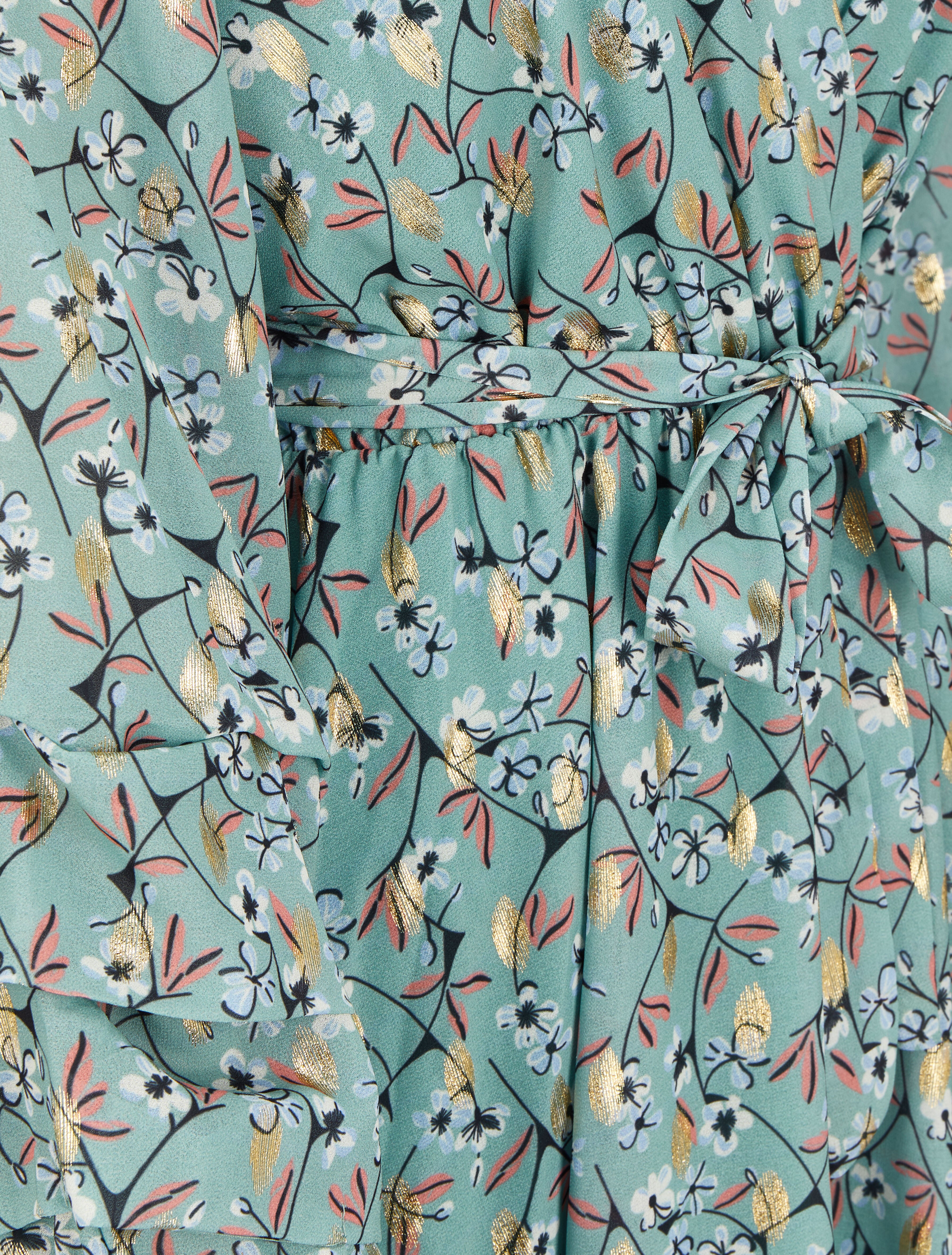 Robe patineuse imprimé fleurs de cerisier lamé à manches plissées - Vert d&
