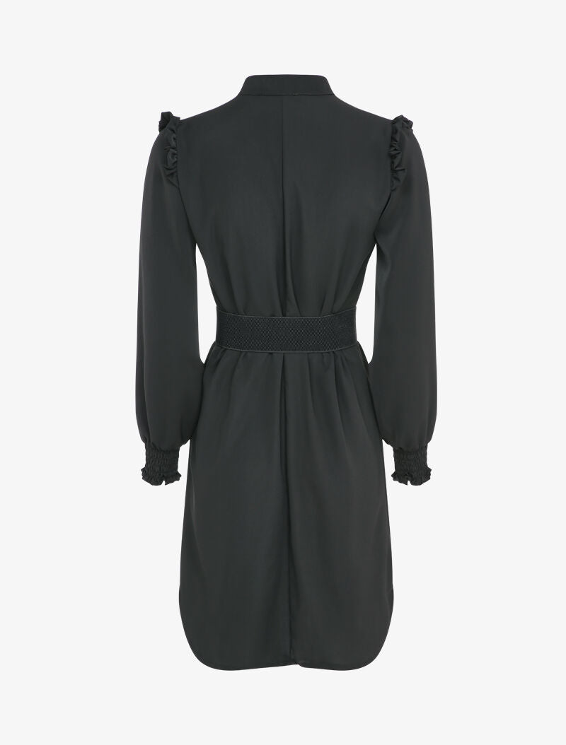 Robe satinée à épaules volantées et manches bouffantes - Noir - 2