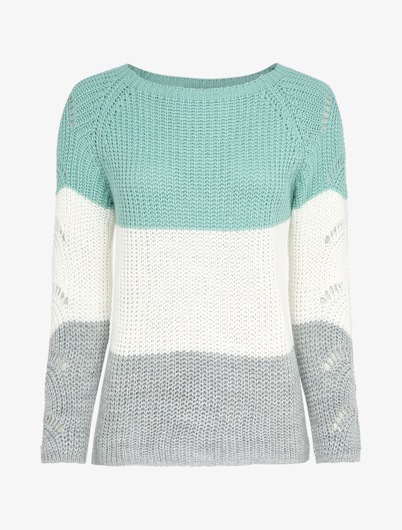 Pull long color block en maille - Bleu turquoise - 1