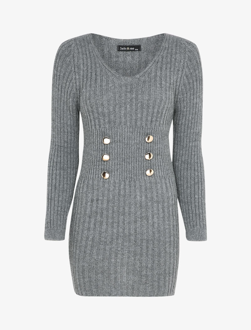 Pull long à boutons dorés stylisés - Gris foncé - 1