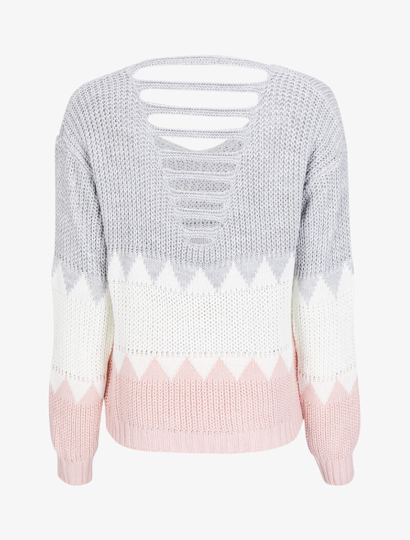 Pull à motifs géométriques et dos en V ajouré - Gris clair - 2