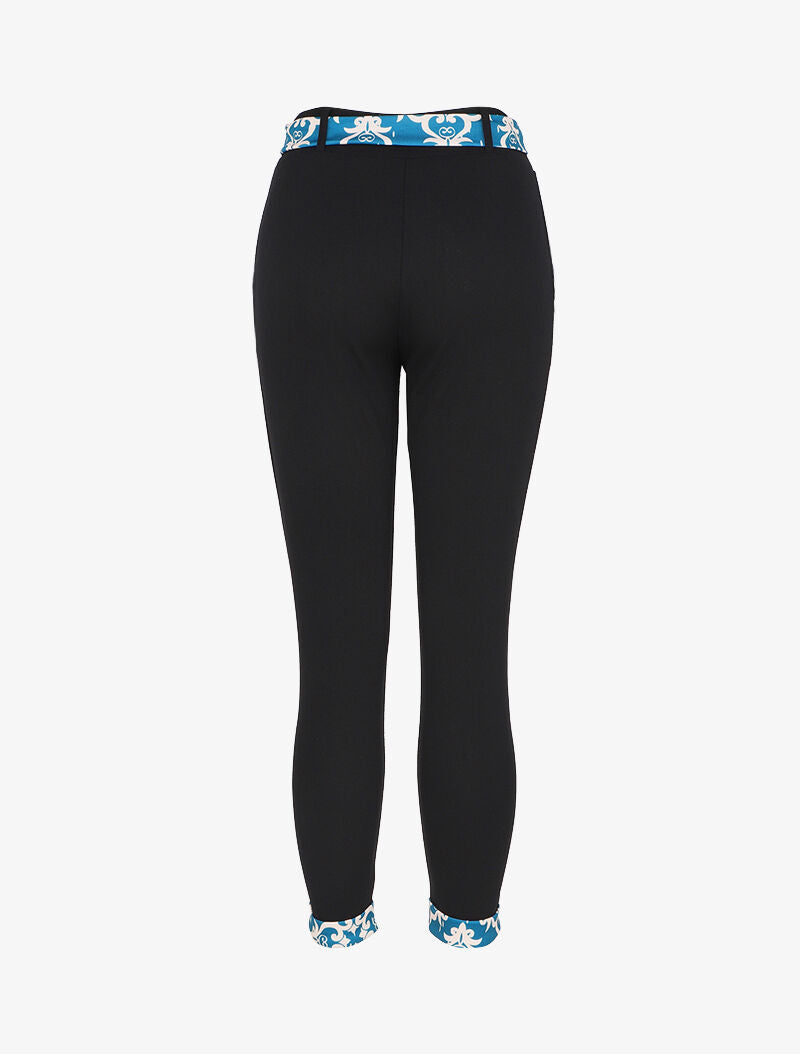 Pantalon taille haute 7/8 à revers imprimés - Noir/bleu - 2