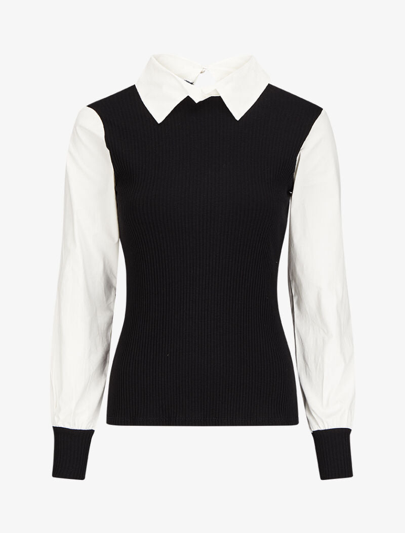 Top côtelé à col et manches style chemise - Noir - 1