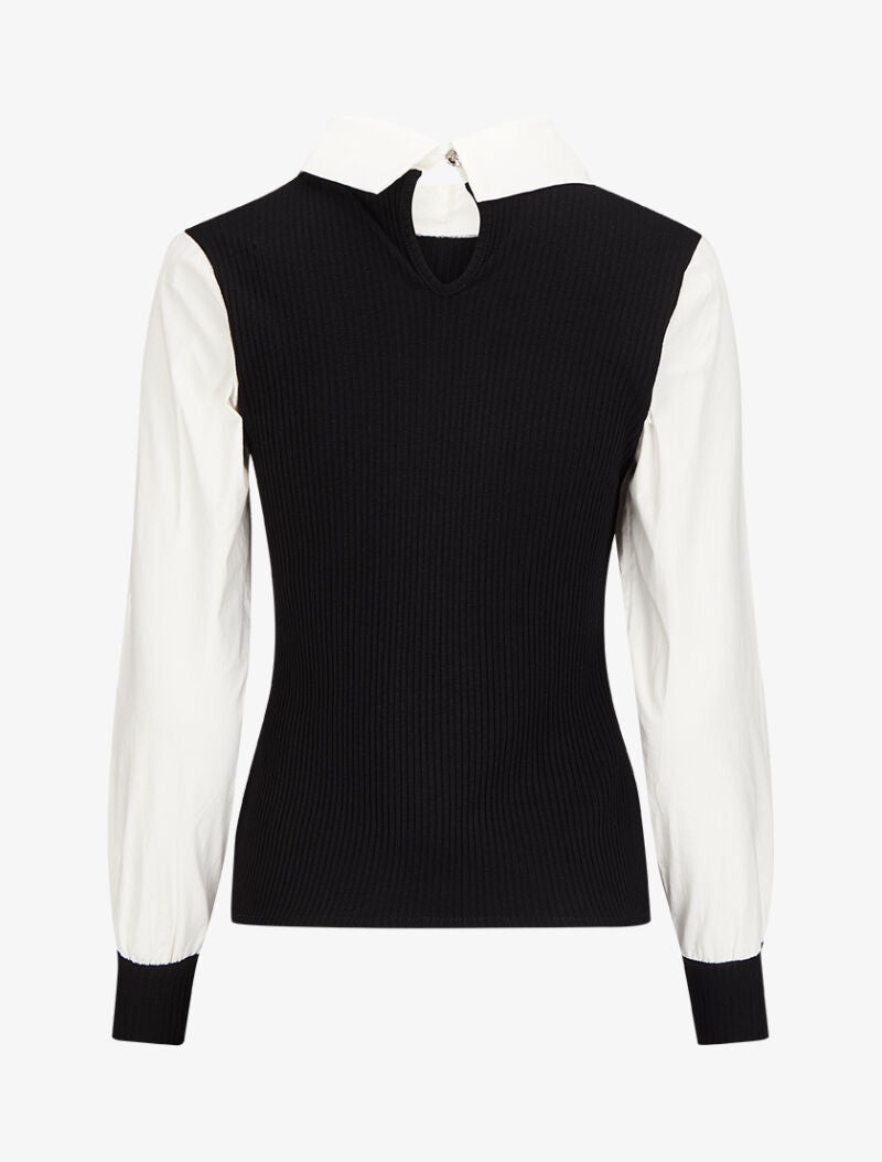 Top côtelé à col et manches style chemise - Noir - 2