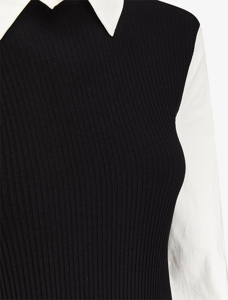Top côtelé à col et manches style chemise - Noir - 3