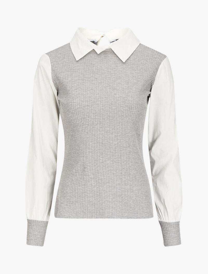 Top côtelé à col et manches style chemise - Gris - 4